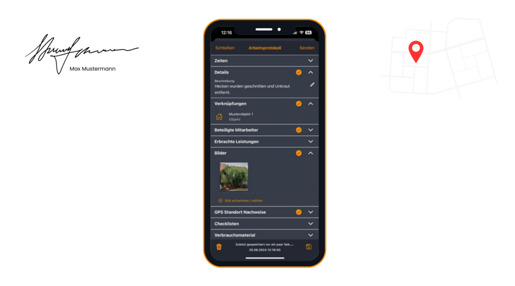 Arbeitsprotokoll in der Hausmeister-App: Foto, Checkliste, GPS-Position und digitale Unterschrift (Beispieldaten)