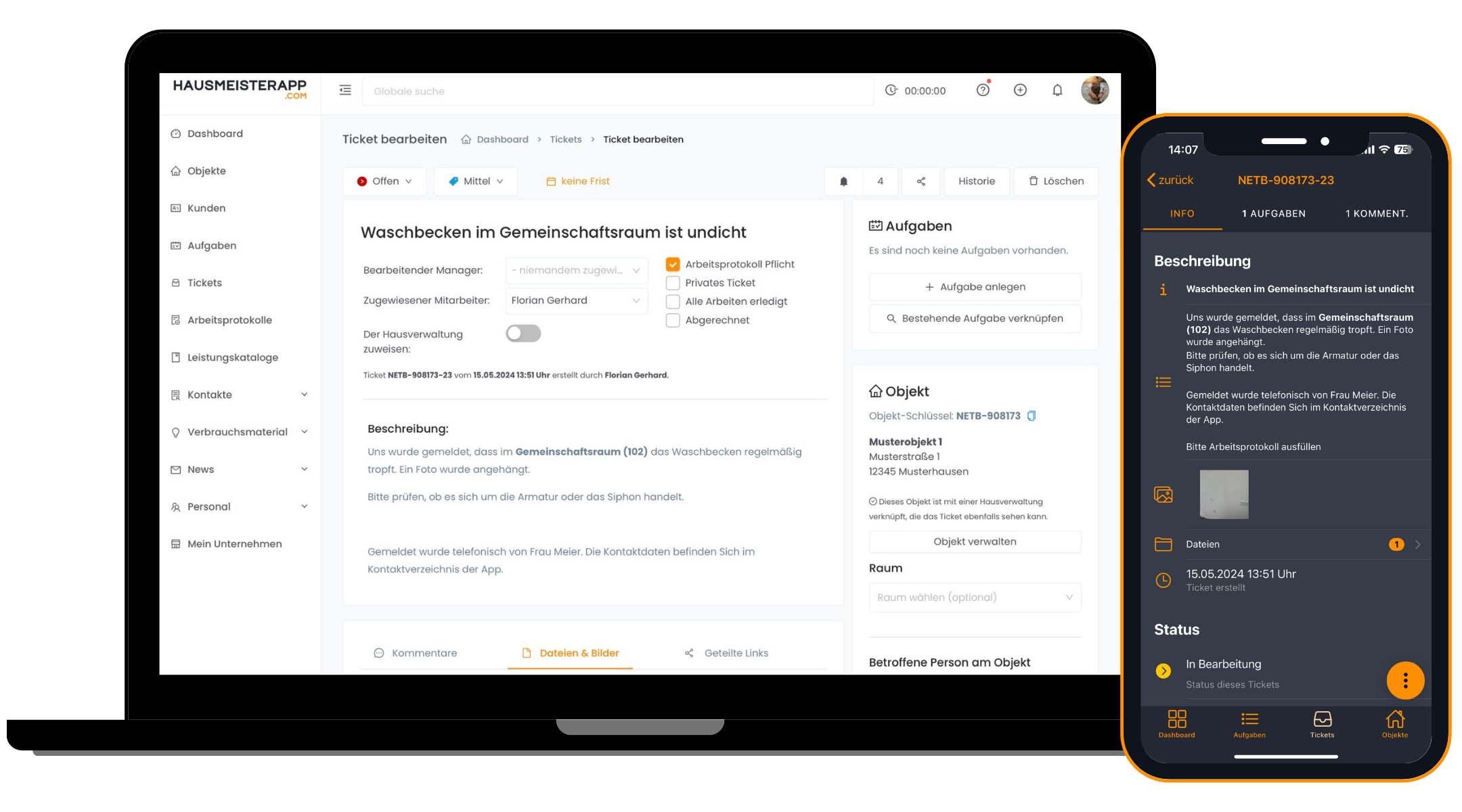 Ticket in der Hausmeister-App am Rechner und Smartphone: Meldung mit Beschreibung, Status und zugewiesenem Objekt (Beispieldaten)