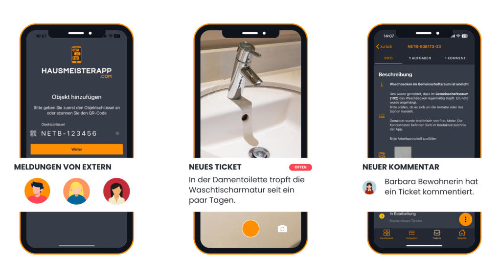 Meldung per Foto in der Hausmeister-App: Bewohner melden einen Mangel, ein Kommentar erscheint im Ticket (Beispieldaten)