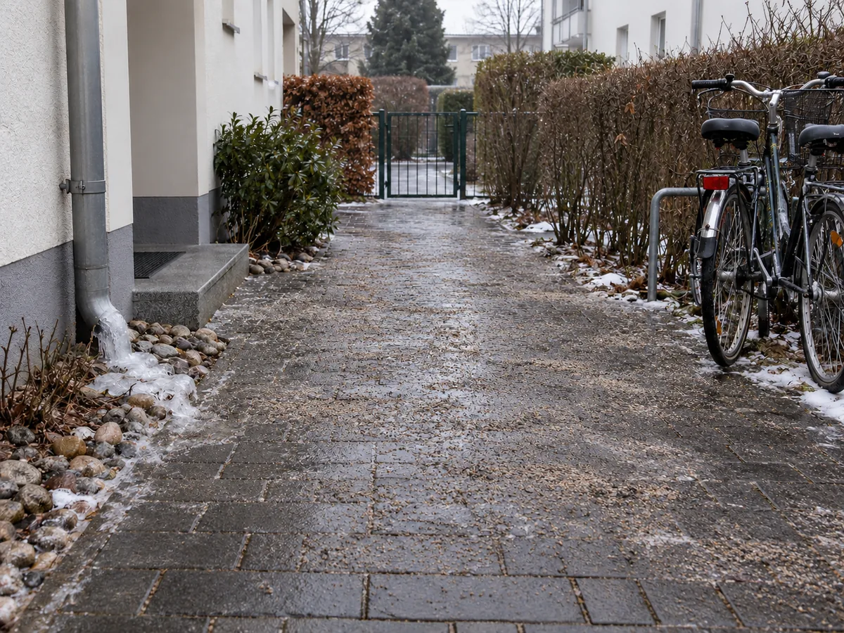 KI-Beispielbild: derselbe Gehweg nach dem Streuen, Glätte beseitigt