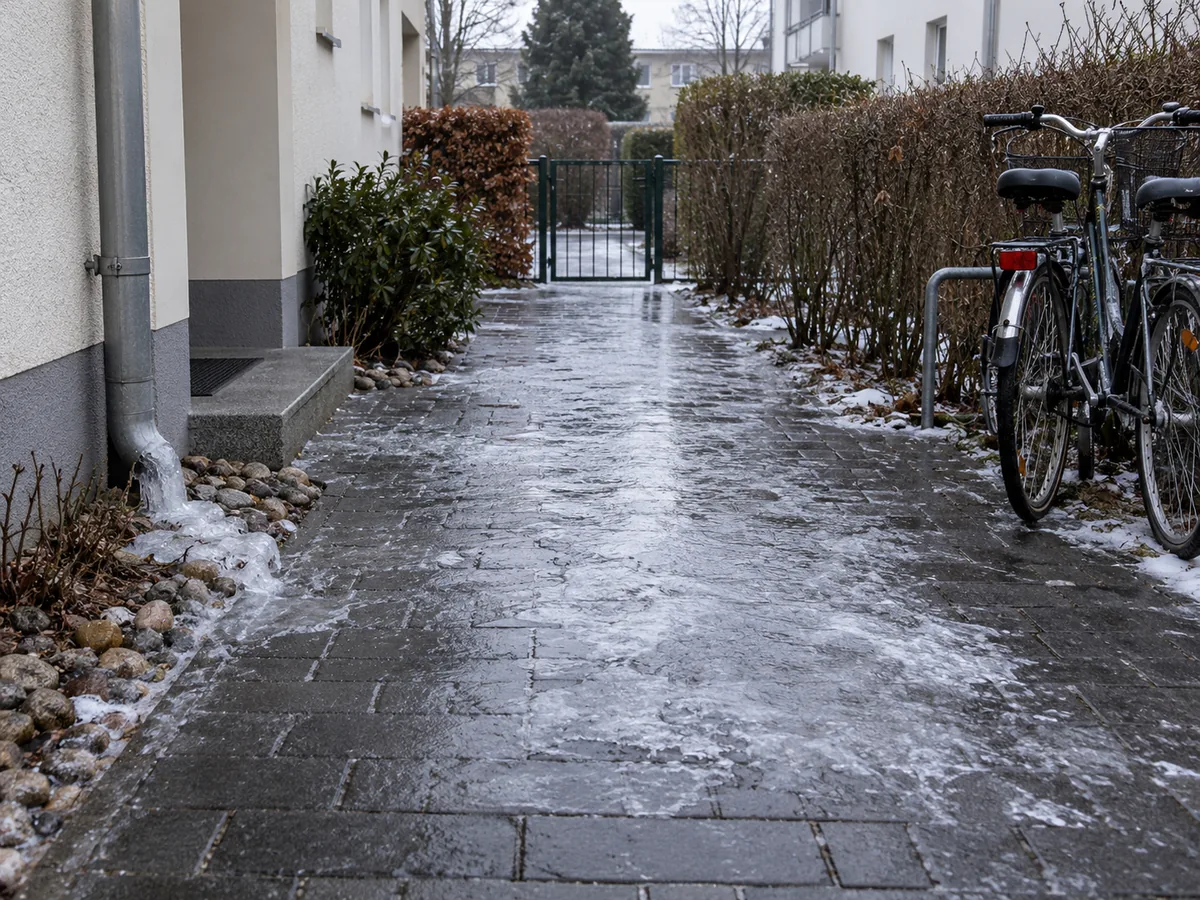 KI-Beispielbild: vereister Gehweg bei Glätte vor dem Streuen