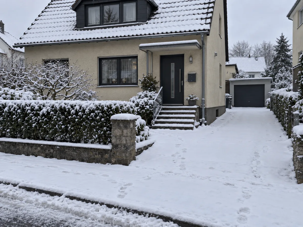 KI-Beispielbild: verschneiter Zugang und Gehweg an einem Einfamilienhaus vor dem Räumen