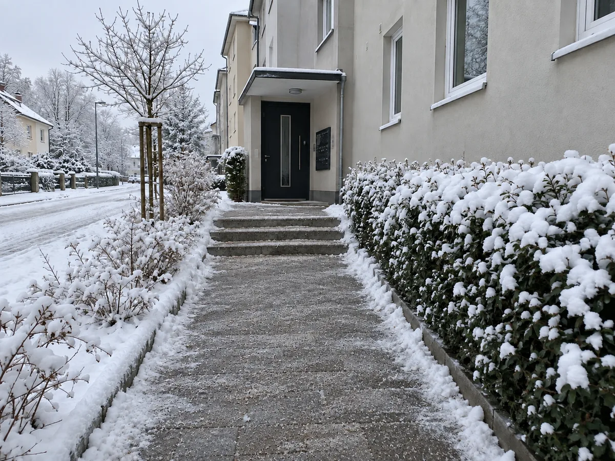 KI-Beispielbild: derselbe Weg an der Wohnanlage geräumt und gestreut