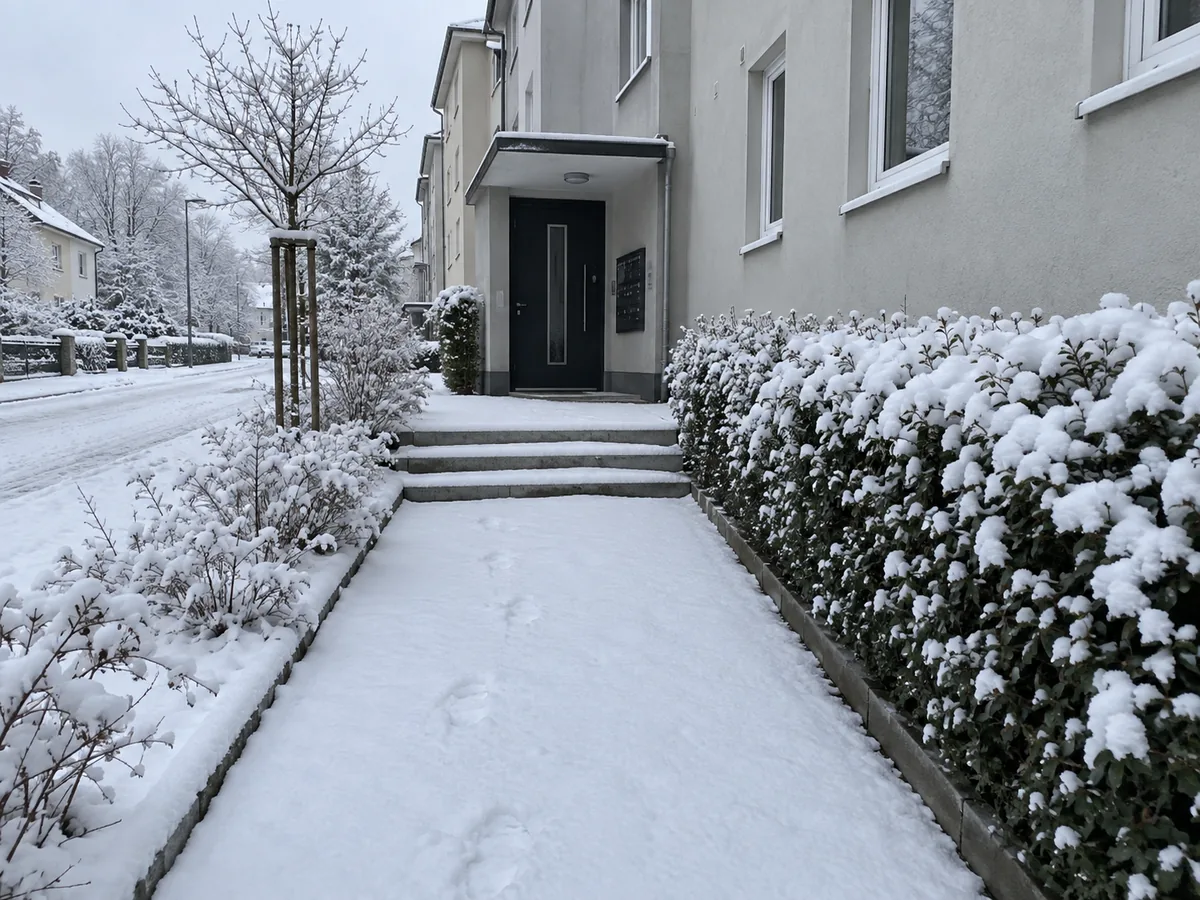 KI-Beispielbild: verschneiter Weg und Eingang an einer Wohnanlage vor dem Räumen