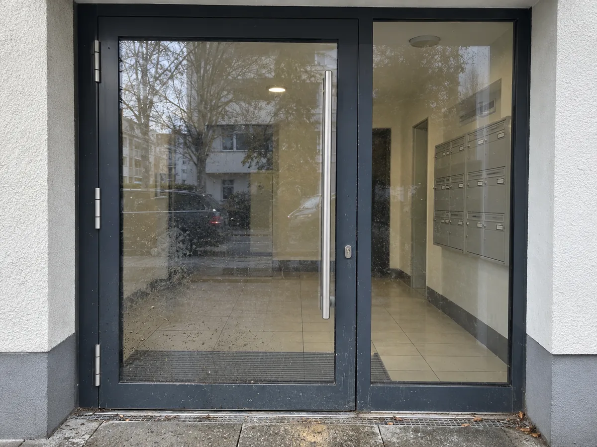KI-generiertes Beispielbild: verschmutztes Eingangsglas eines Mehrfamilienhauses