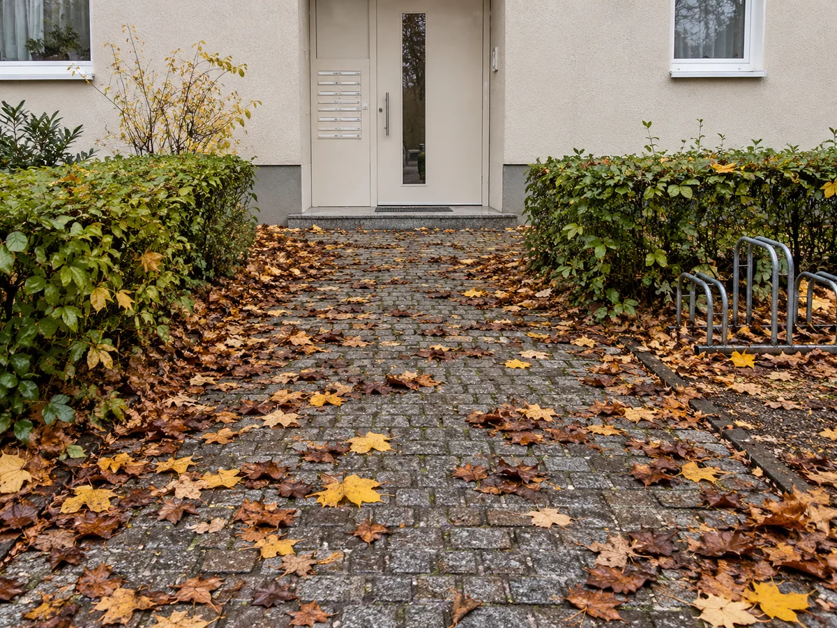 KI-generiertes Beispielbild: Laub auf dem gepflasterten Zugang zu einem Wohnhaus