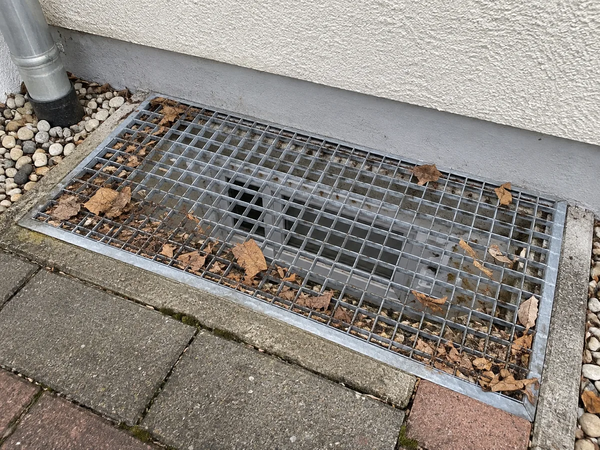 KI-generiertes Beispielbild: verschmutzter Lichtschacht an einem Wohnhaus