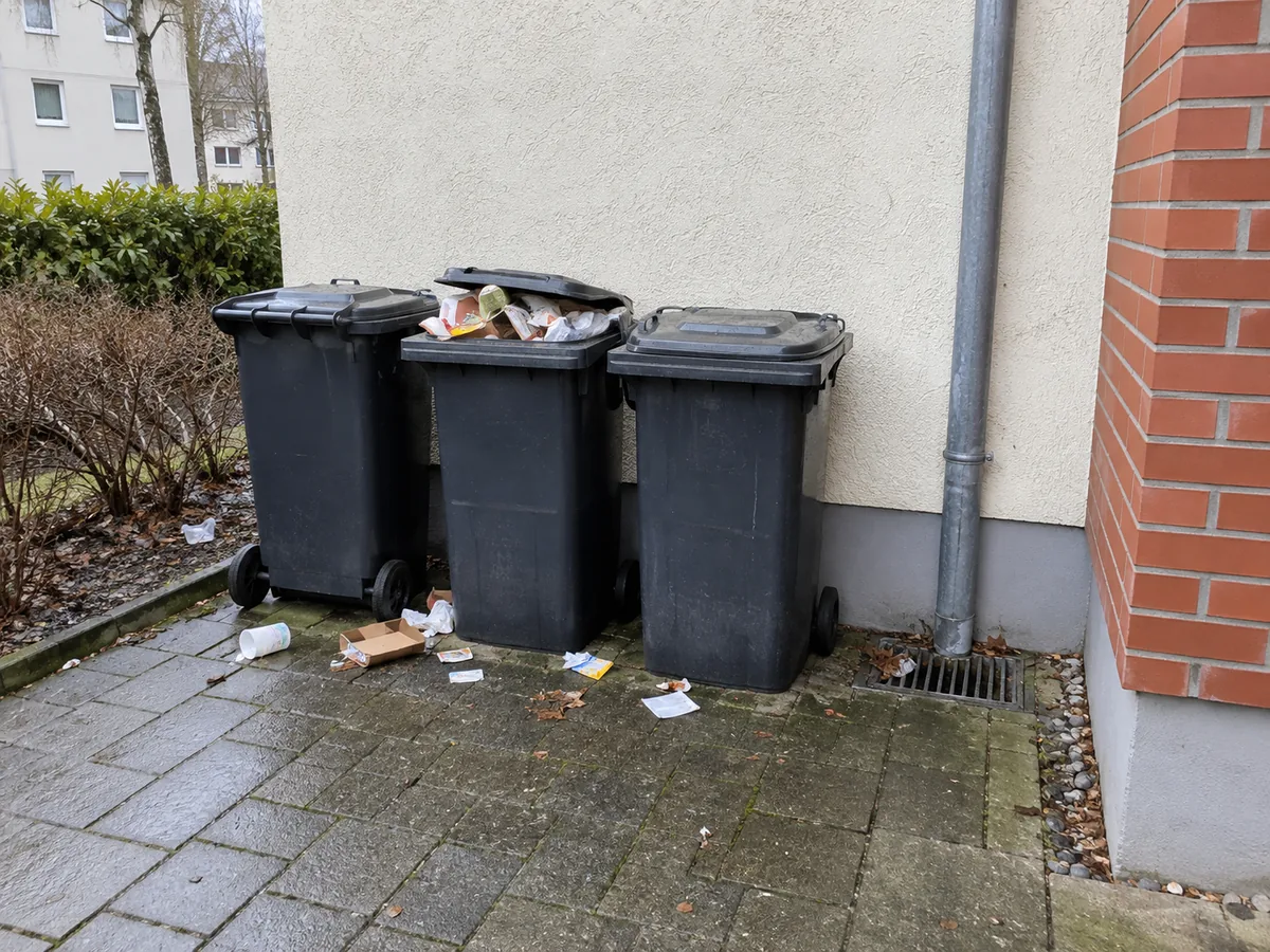 KI-Beispielbild: überfüllte Mülltonne und Abfälle auf einem Müllplatz