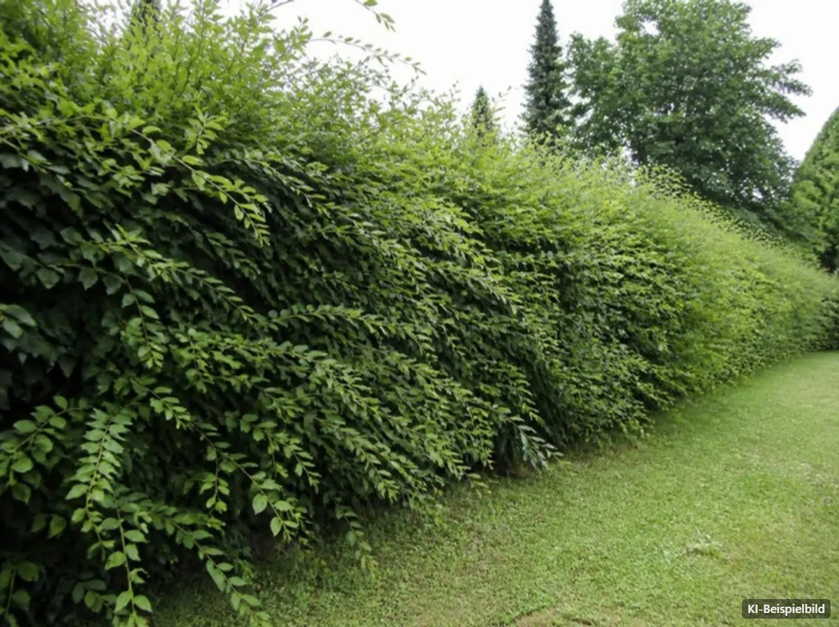KI-generiertes Beispielbild: hohe, verwilderte Hecke mit langen Trieben am Rasenrand